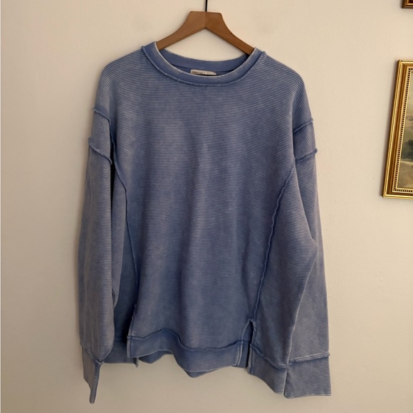 Zenana Outfitters Tops - Zenana Light Blue Washed Rib Crewneck Sweatshirt Boho Chic Women’s Large NWT